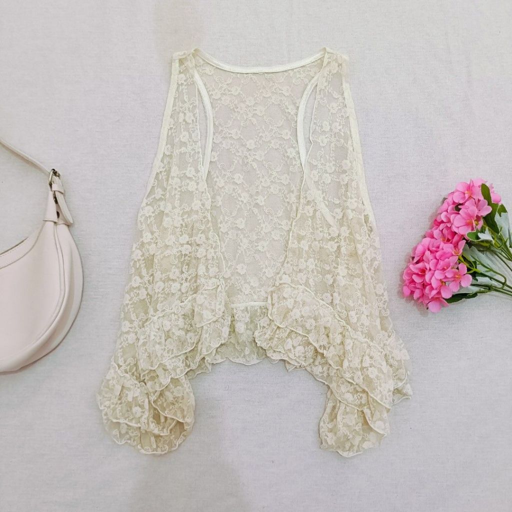 Outer Brukat Wanita Ivory Ruffle Layering Floral Lace
