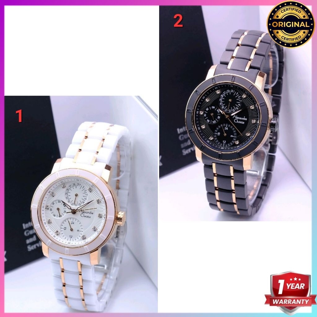 ORIGINAL GARANSI RESMI 1 TAHUN JAM TANGAN WANITA ALEXANDRE CHRISTIE CEWEK ANALOG RANTAI KERAMIK ALEX