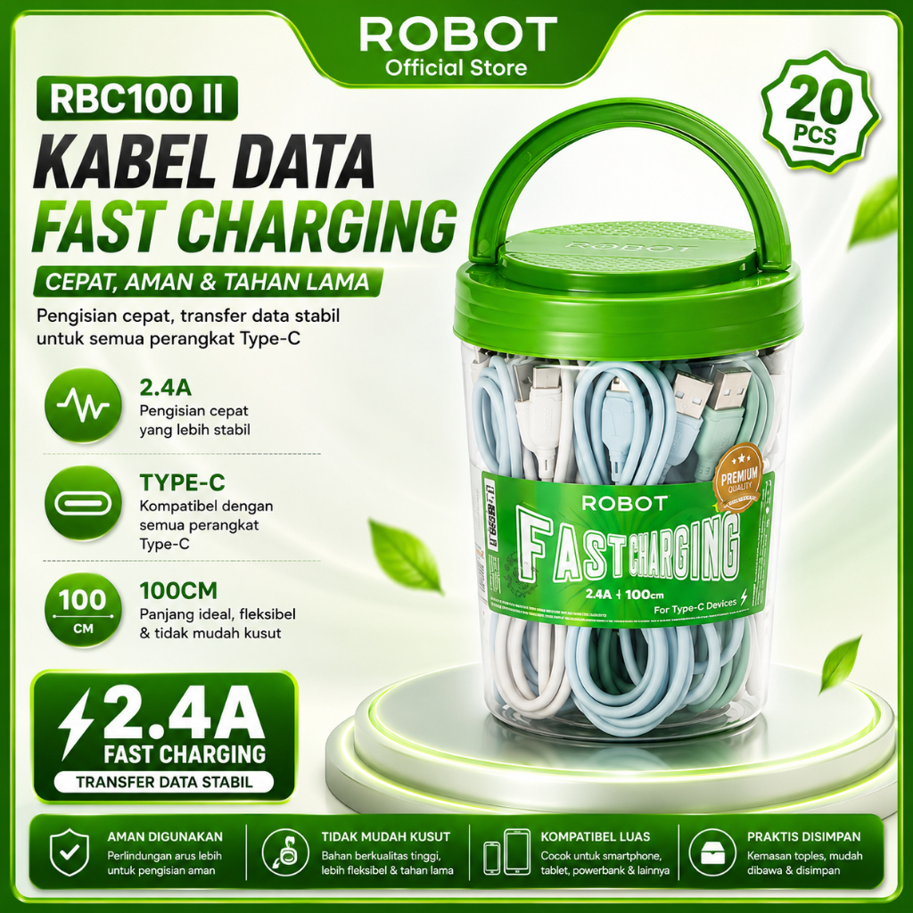 ROBOT RBC100 II (1Toples Isi 20 Pcs) Kabel Data Type C 2,4A Colorful