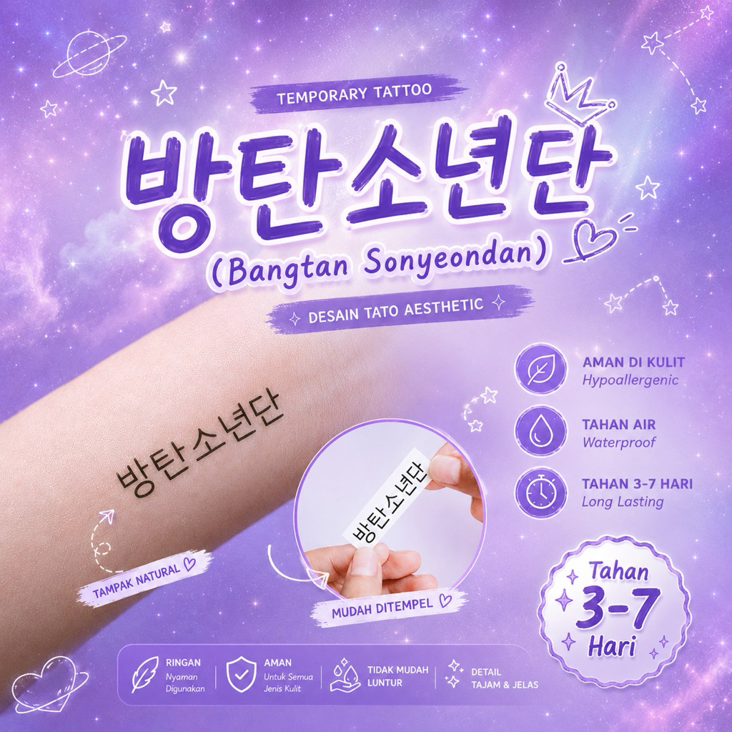 BANGTAN HANGUL - STICKY TATTOO TEMPORARY TATTOOS TATO TEMPORER BANGTAN SONYEONDAN TULISAN KOREA B.T.