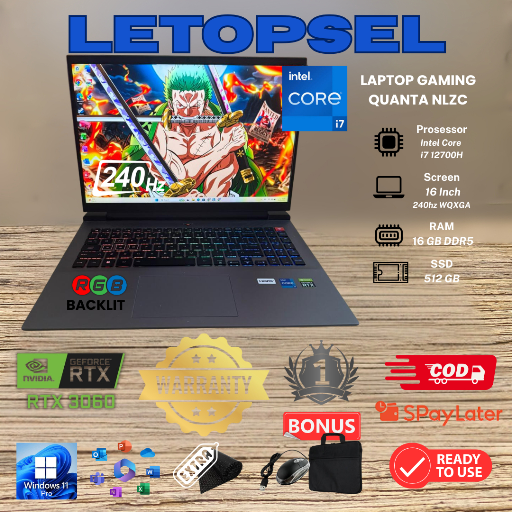 LAPTOP GAMING HIGH SPEK QUANTA NLZC i7 12700H RTX 3060 6GB GDDR6 16INCH 2.5K WQXGA 240Hz RAM 16 DDR5
