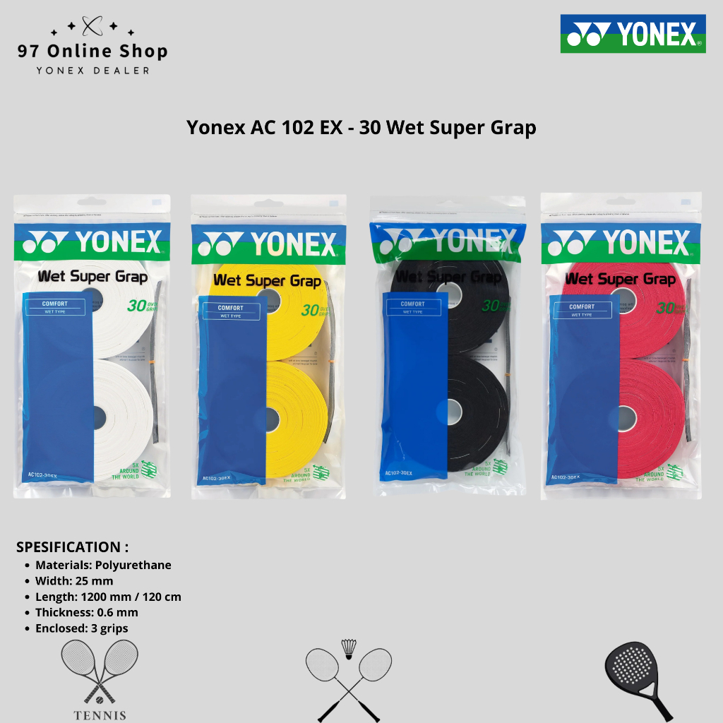 YONEX - AC 102 EX (15 Wraps) WET SUPER GRAP TAPE Overgrip Karet Raket Badminton Tennis Padel 100% Or