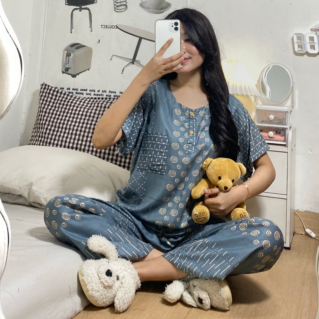 Sapasara - Baju Tidur Wanita One Set Wanita Kekinian Setelan Celana Panjang Baby Doll Bahan Rayon Ad