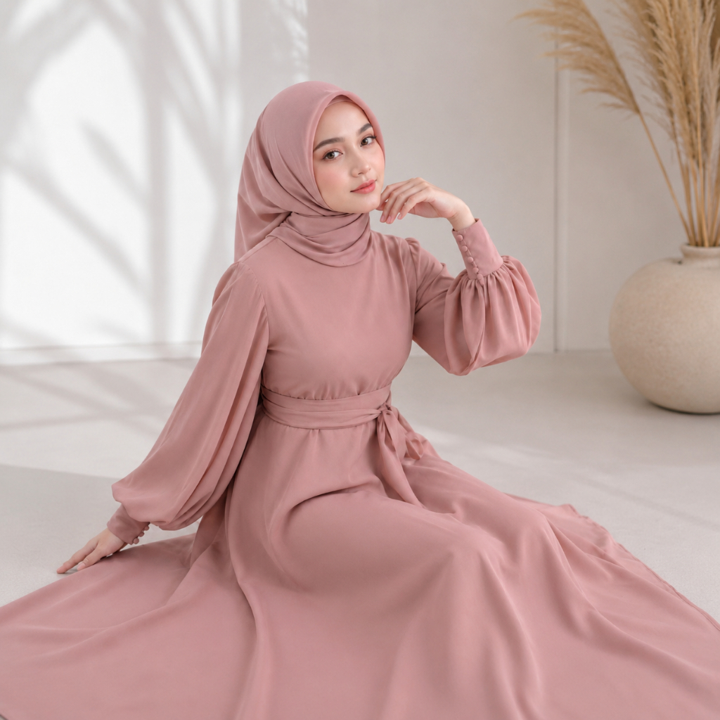 Gaun pesta muslimah polos simple elegan bahan wollycrep