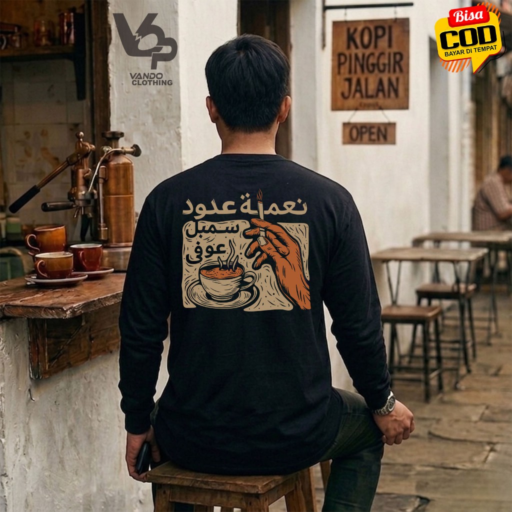 Kaos Lengan Panjang Pria Distro Premium Udud Karo Ngopi | Baju Kata Kata Jawa Kopi Rokok