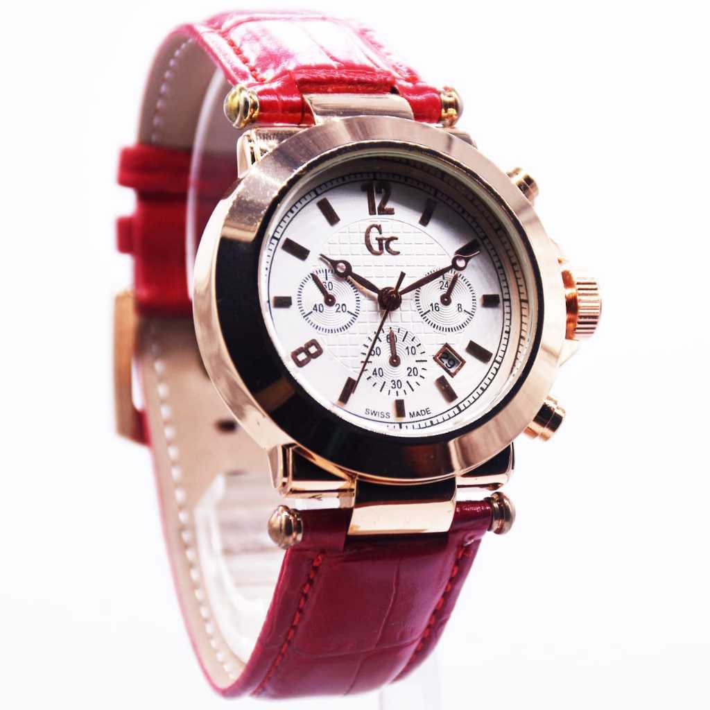 Jam Tangan Wanita GC Chronograph Putih Tali Kulit Merah Swiss Made Elegan