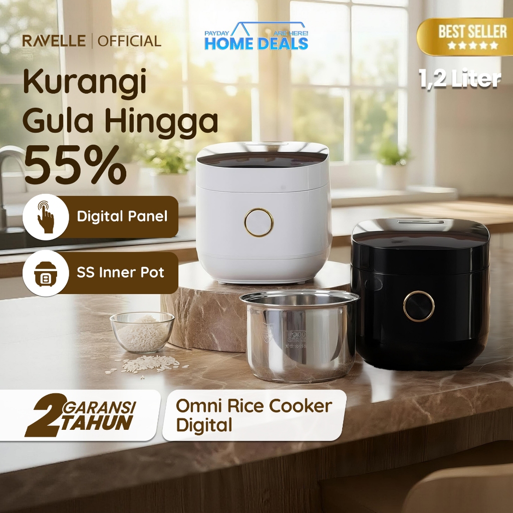 Ravelle OMNI Rice Cooker Digital Low Carbo Less Sugar  1.2 Liter Nasi (3 Liter)  Stainless Steel inn