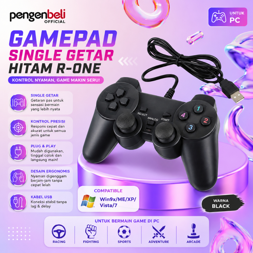 STIK PS USB MURAH GETAR FULL HITAM GAMEPAD SINGLE BLACK R-ONE JOYSTICK / STICK USB UNTUK LAPTOP & PC