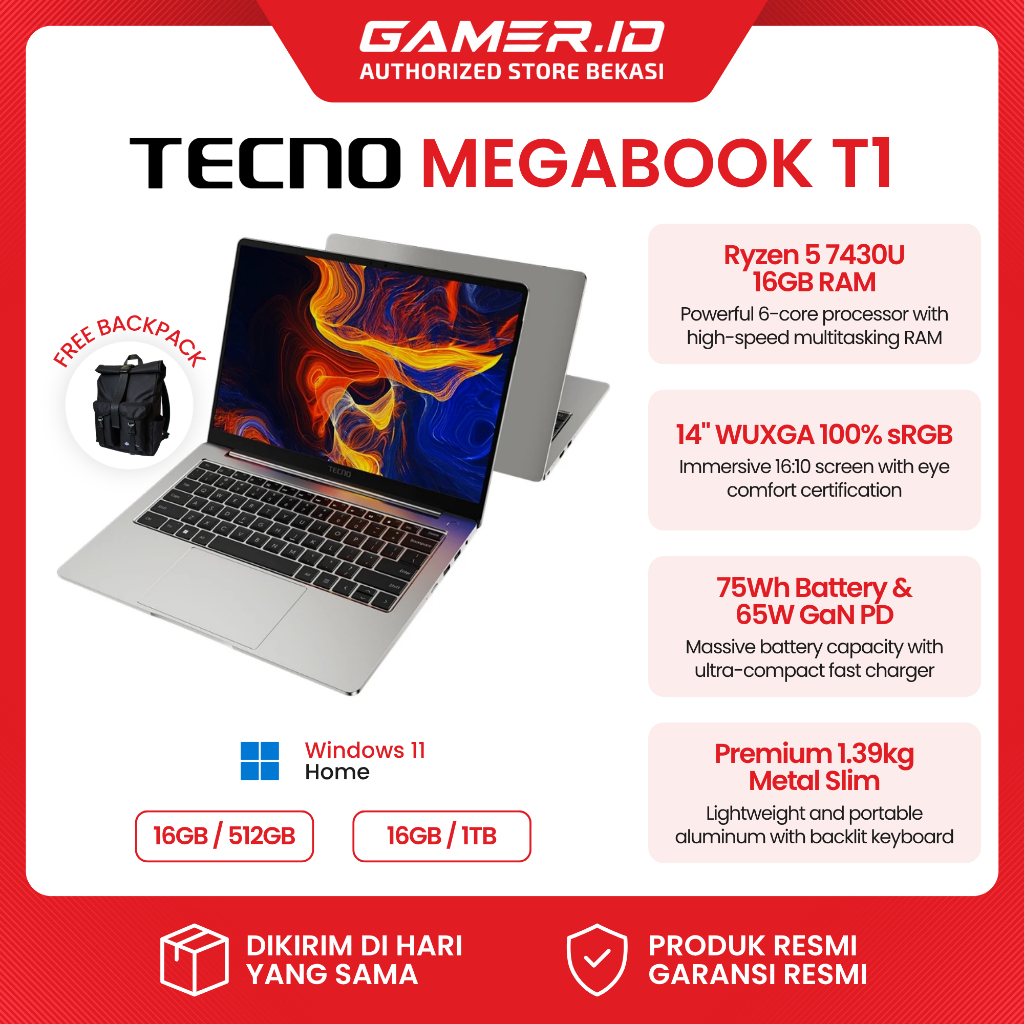 Tecno Megabook T1 14 Ryzen 5 7430U 16GB RAM 512GB 1TB SSD WUXGA Win11 Metal Slim Garansi Resmi Tecno