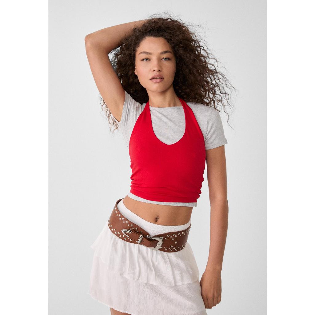 STRADIVARIUS Brown Wide studded belt