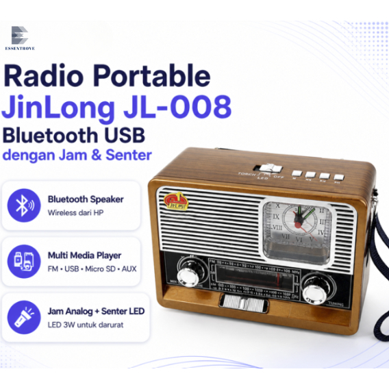 Radio Portable JinLong JL-008 Bluetooth USB dengan Jam & Senter