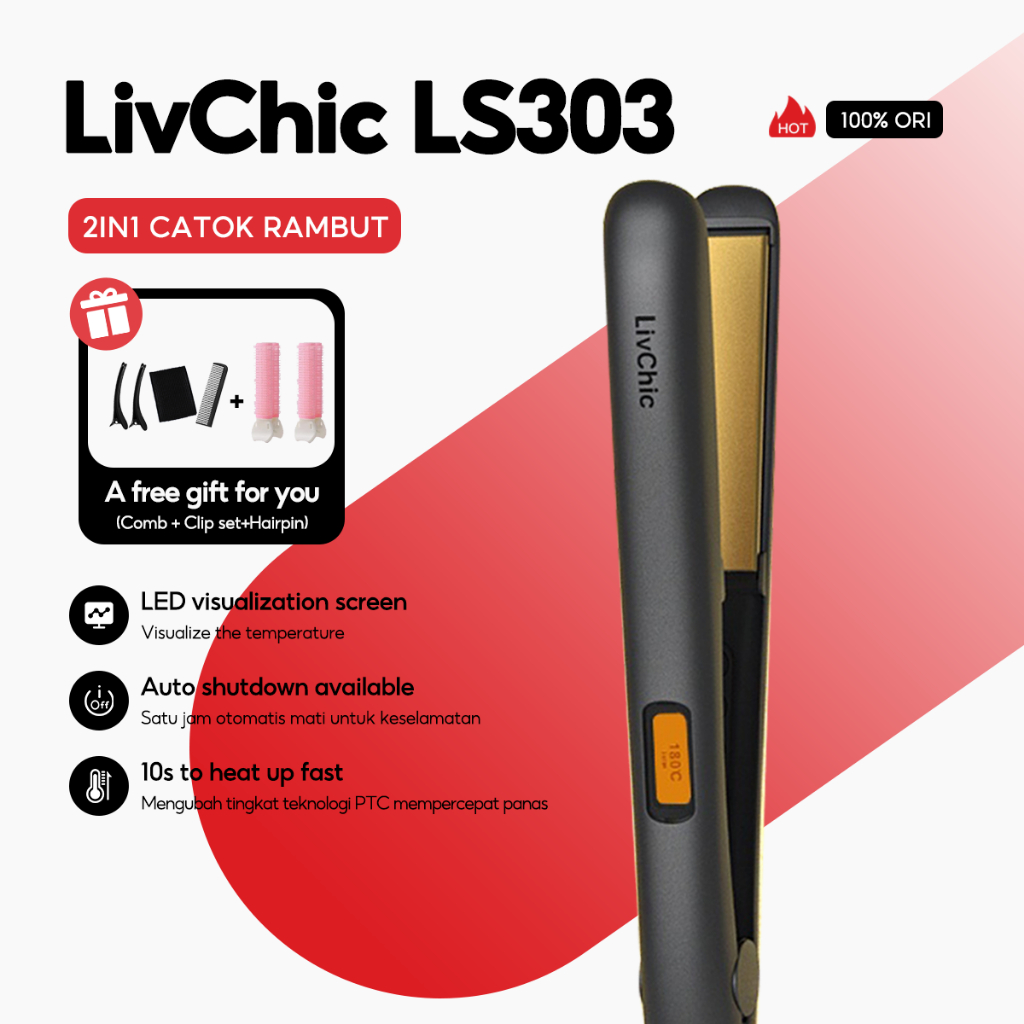 LivChic 2IN1 LS303 Catok Rambut untuk Meluruskan Keriting Ringan Alat pengeriting rambut