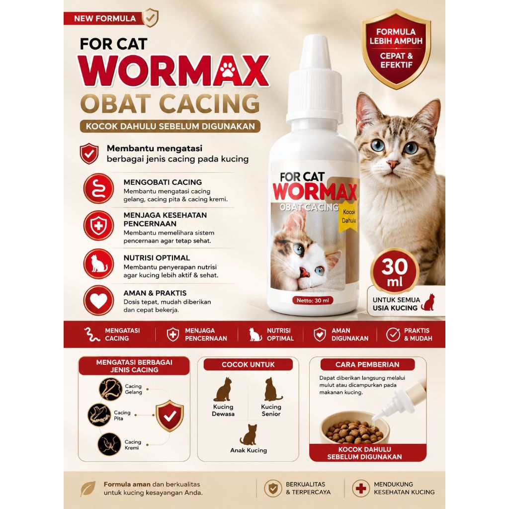 Obat Cacing Kucing Cair Ampuh Anak & Dewasa | Wormax 30ml Obat Kucing Cacingan