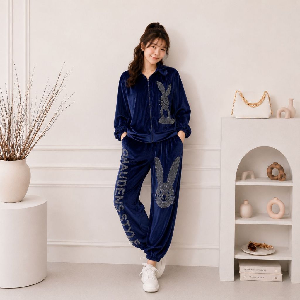 Ghaudens - Setelan Bunny Hoodie Velvet / Setelan Bludru Wanita - 1113-1