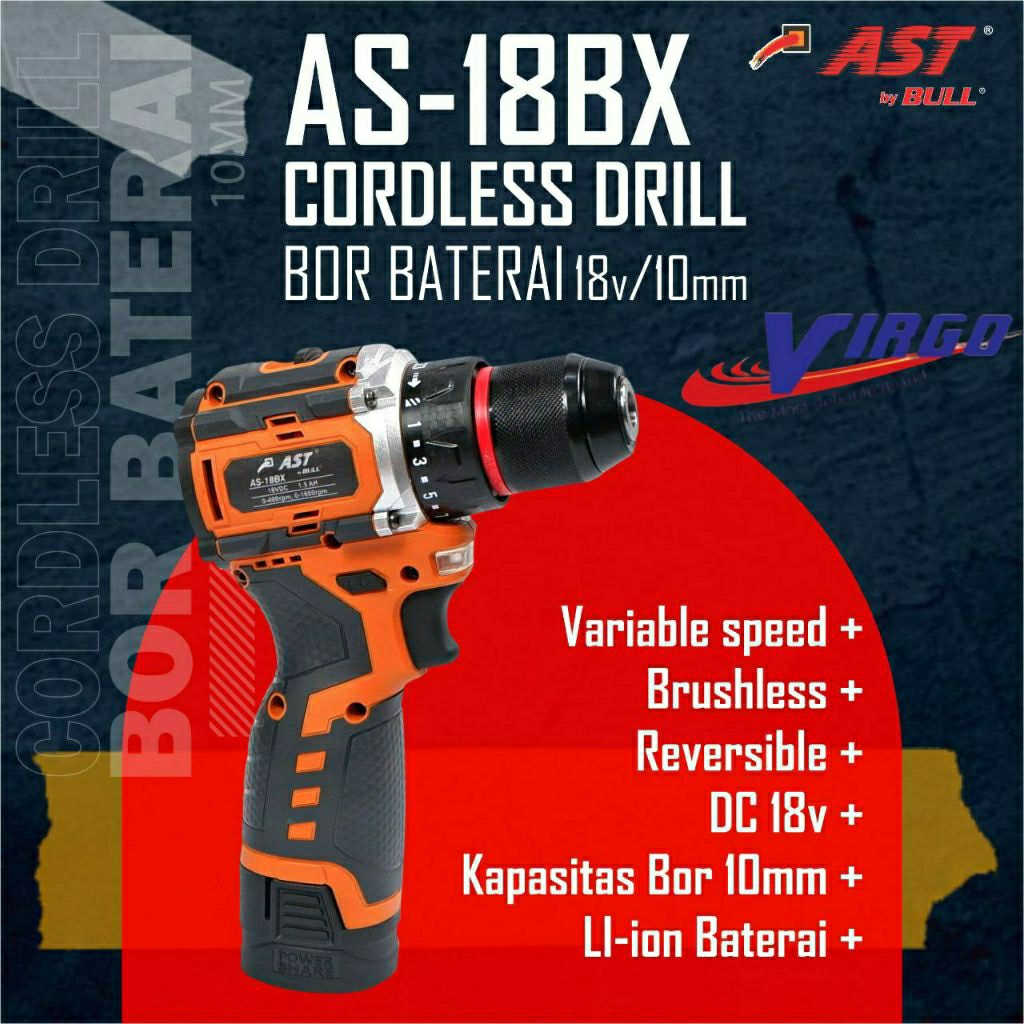 AS18BX MESIN BOR BATERAI 18V CORDLESS DRILL BRUSHLESS 10MM AST AS-18BX