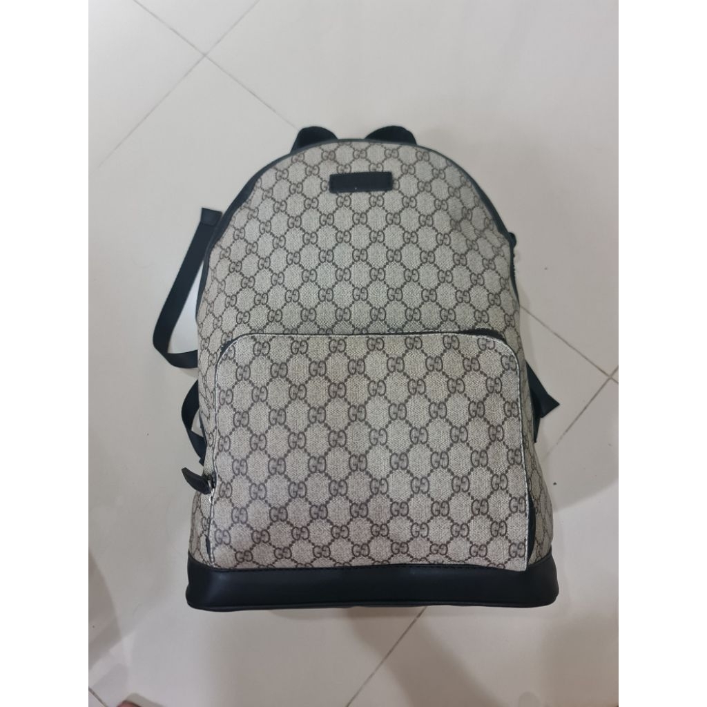 247. Gucci GG Supreme Canvas Leather Backpack Ransel Beige Black Men Pria 
Preloved
Leather Kulit As