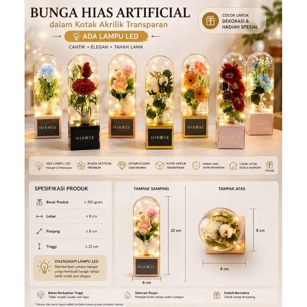 Bunga Hias Artificial Premium dalam Box Mika Tebal Transparan