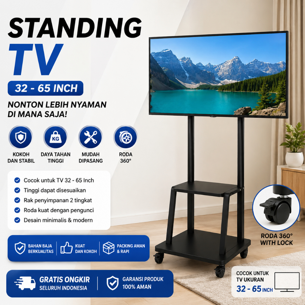 Standing TV Bracket 32-65 Inch Universal | Rak TV Portable Beroda | Stand TV LED LCD Smart TV