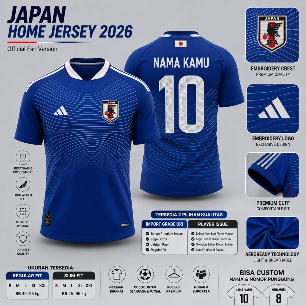 JERSEY JEPANG HOME 2026 IMPORT GRADE ORI PLAYER ISSUE TIMNAS JEPANG BISA CUSTOM NAMA NOMOR PUNGGUNG 
