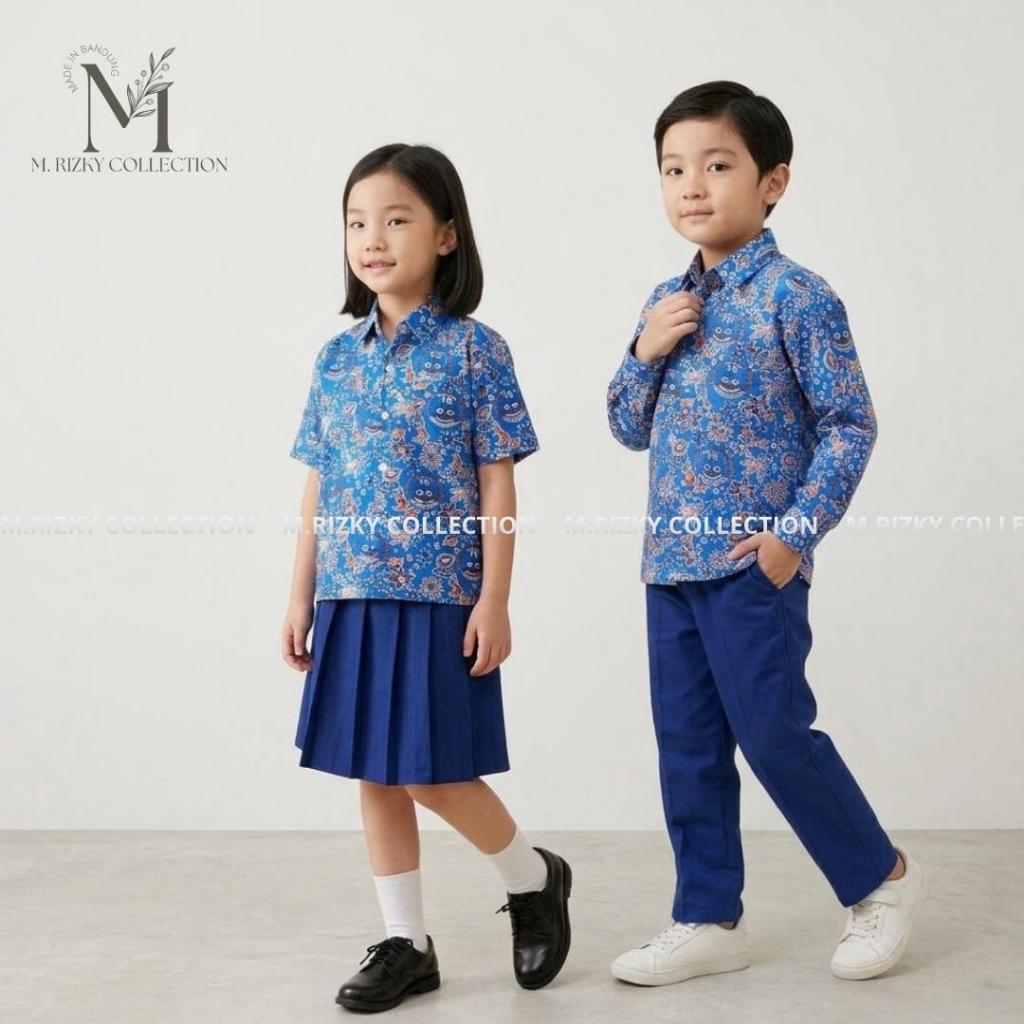 Set Seragam (BATIK BIRU Muda Kombinasi Bawahan Biru Tua) TK/Paud Nasional Laki-Laki dan Perempuan Pa