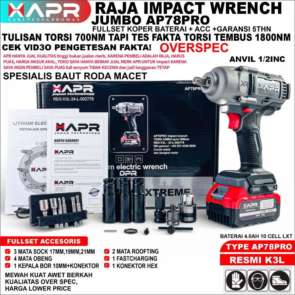 APR JAPAN APR Bor Impact Wrench Jumbo AP78PRO 1800NM Impek Buka Baut Mobil Motor Mesin Truck Dll