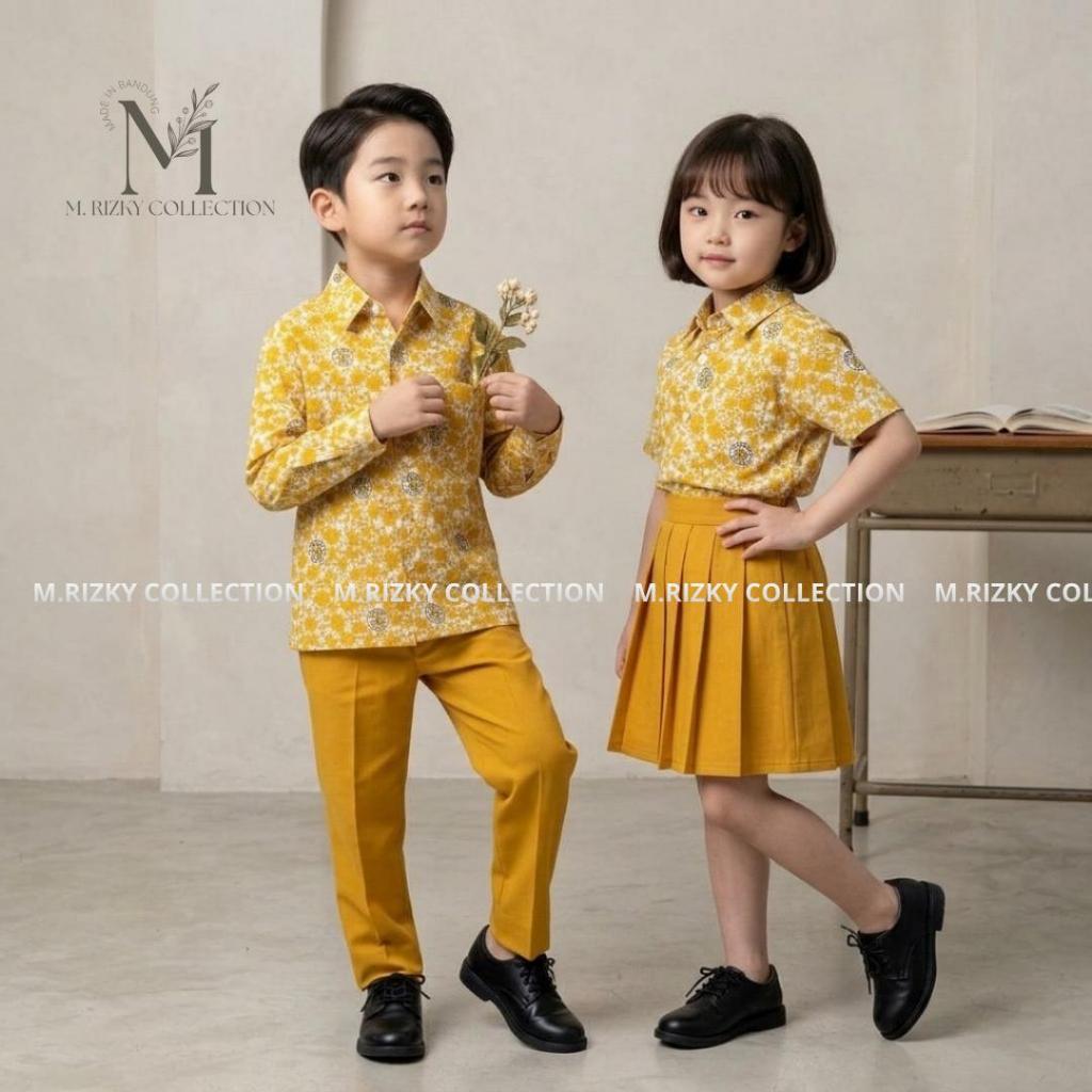 Set Seragam (BATIK Kuning Kombinasi Bawahan Kuning) TK/Paud Nasional Laki-Laki dan Perempuan Panjang