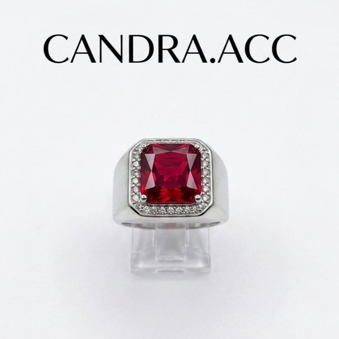 Cincin Titanium Pria Silver Dengan Mata Batu Merah Kotak Zircon Klasik Mewah - CANDRA.ACC