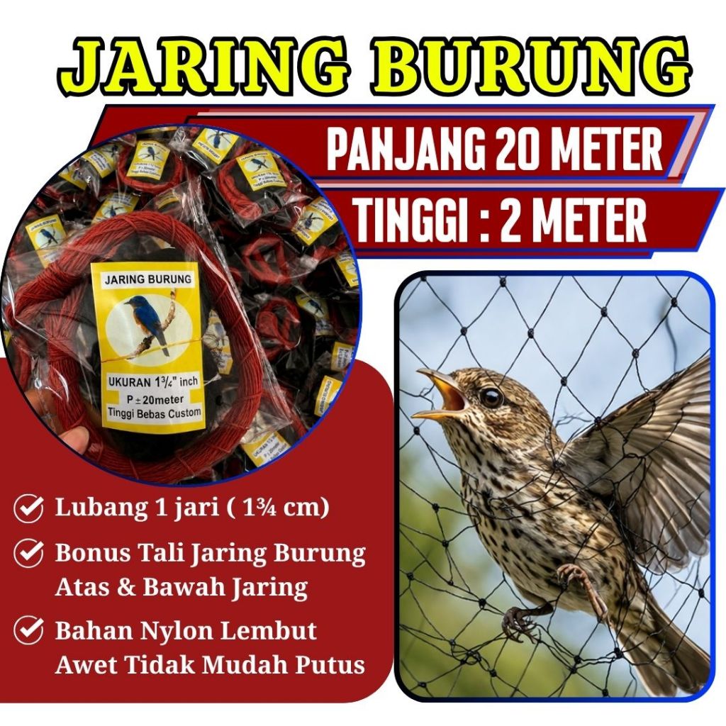 Jaring Burung Warna Hitam Bonus Tali Lebar 2 Meter x ±20 Meter Lubang Kecil 1 Jari 1¾" Benang Senar 