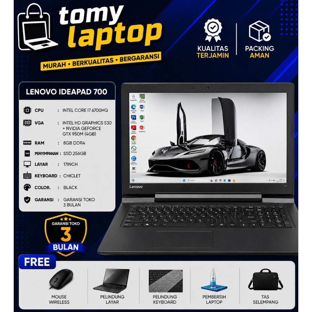 LAPTOP GAMING SLIM SECOND JAMINAN GARANSI TOKO LENOVO IDEAPAD 700 INTEL CORE I7 6700HQ INTEL HD GRAP