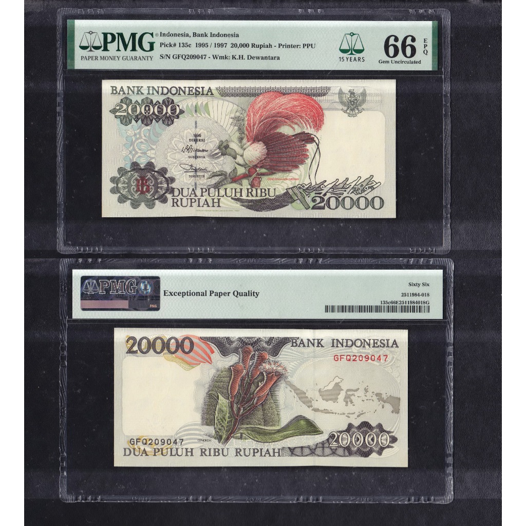 Uang kuno PMG 66 EPQ - 20000 rupiah tahun 1995 "Cenderawasih Merah