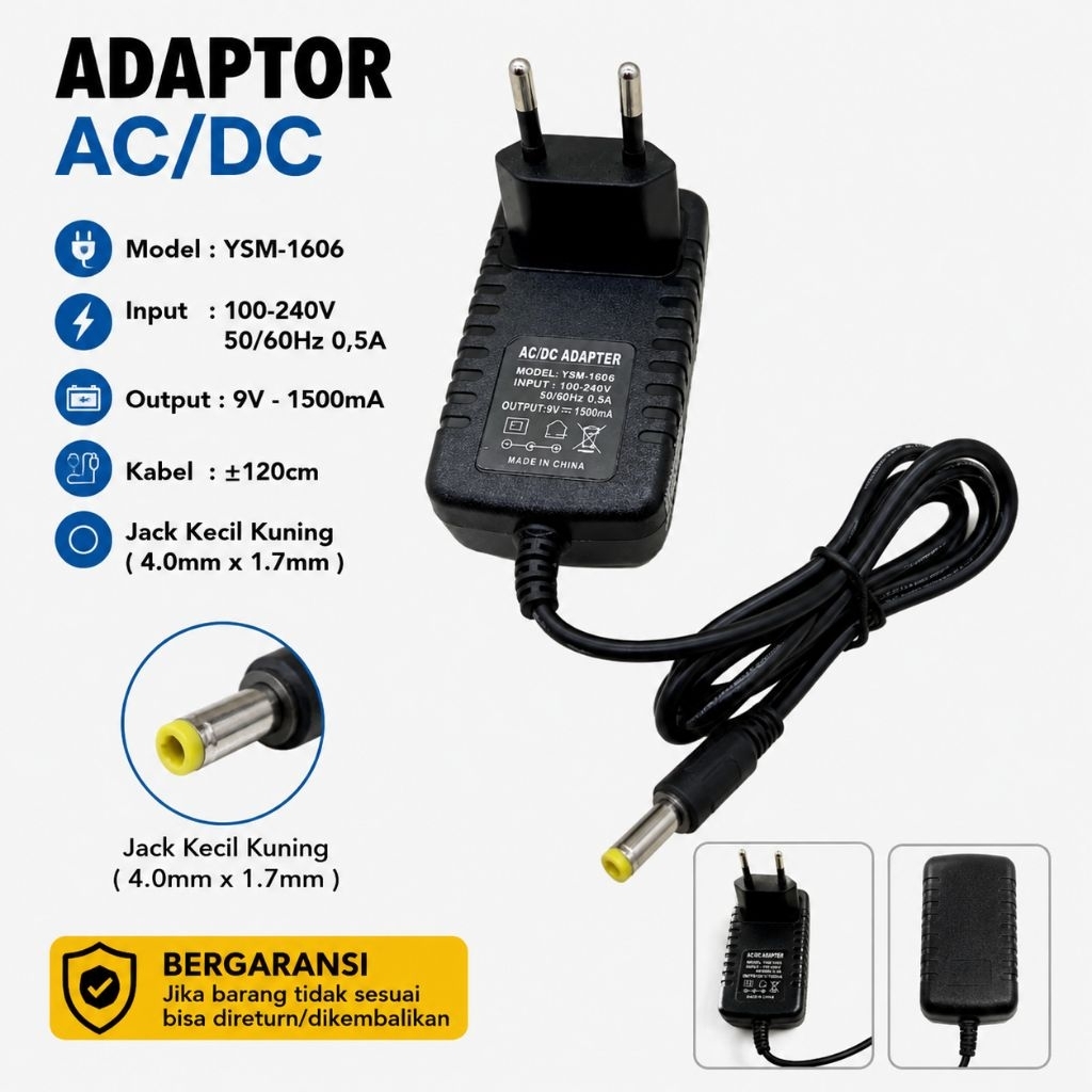 Adaptor YSM-1606 Output 9V - 1500mA Colokan kuning