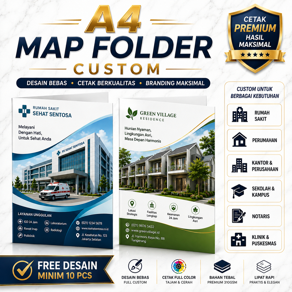 Map Folder A4 Custom Logo Sekolah, Kampus, Rekam Medis, Rumah Sakit, Notaris, Perusahaan