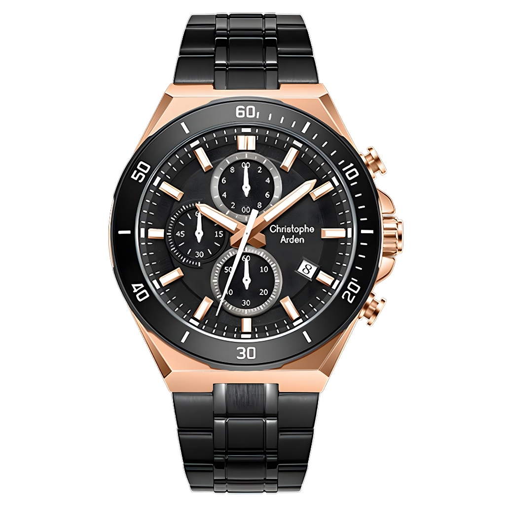 Christophe Arden - Jam Tangan Chronograph Pria - Rose Gold Case - Black Stainless Steel Band - CA300