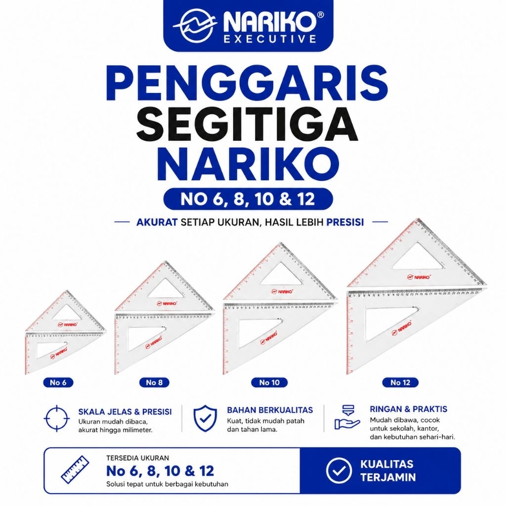 Penggaris Mistar Segitiga NARIKO No 8,10,12 Set Isi 2 Pcs, Triangle Ruler
