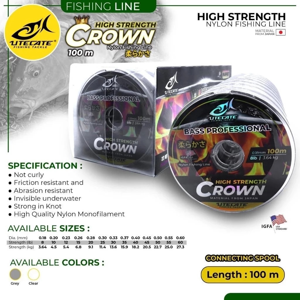 Senar Utecate Crown 100 Meter Connected Putih Clear Nylon Monofilament Tali Pancing Kuat Anti Keriti