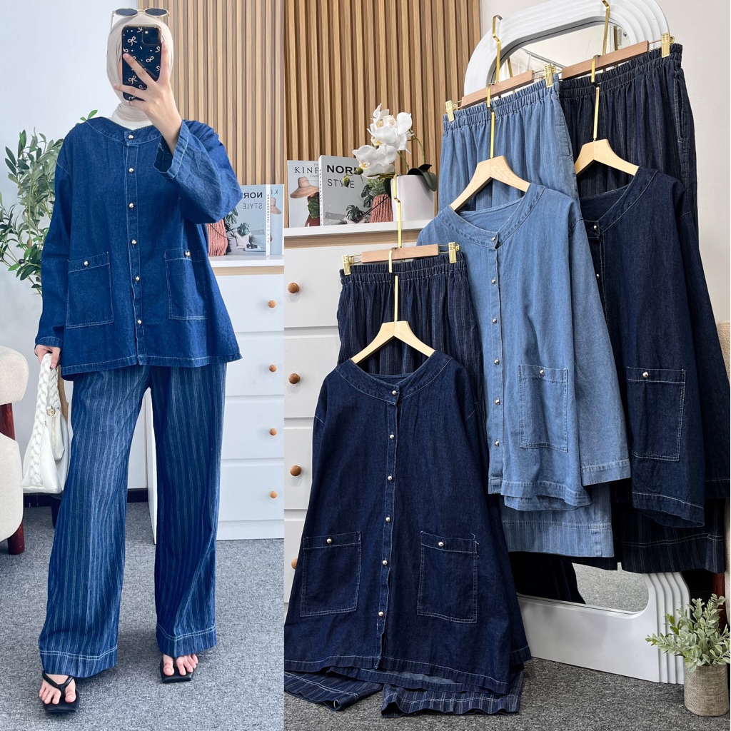 Little butik ZIKA SOFT JEANS ONE SET | Setelan celana bahan soft jeans ukuran jumbo bigsize