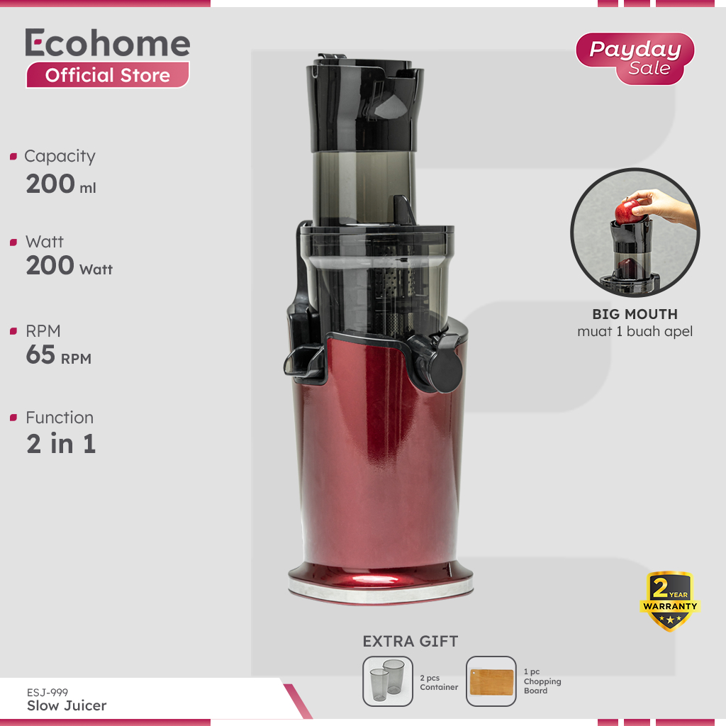 ECOHOME Slow Juicer ESJ999 2 in 1 Function Pengekstrak Buah Tanpa Ampas RPM65 Low Watt & Easy Clean