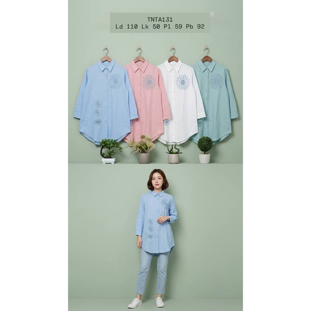 TNTA131 Tunik Linen Bordir Bunga Korean Style Vintage