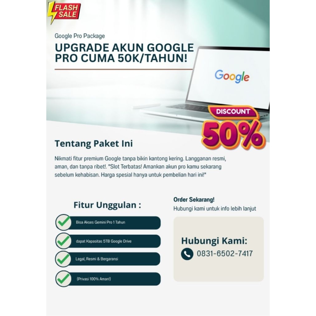 akun Google Pro per tahun (Gemini pro +5TB Google Drive)