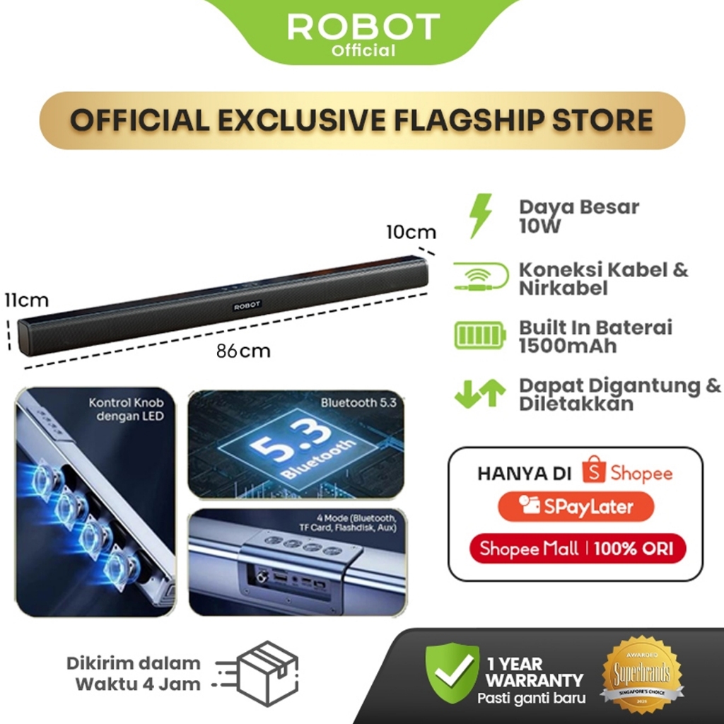 ROBOT RB590 Soundbar Bluetooth 5.3 – Speaker TV Home Theater Mini, Dual Connection, Garansi Resmi 1 