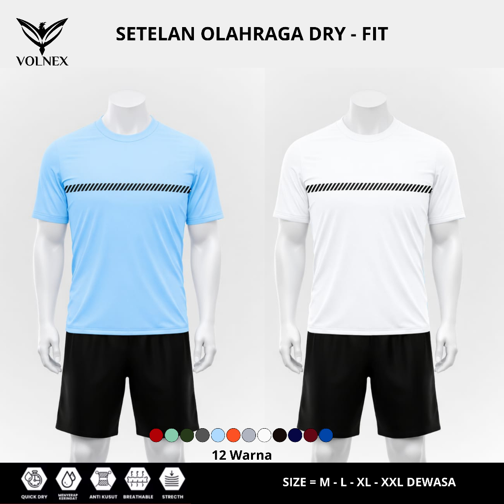 VOLNEX SET Olahraga Outdoor Indoor Baju + Celana Pendek Sport Lari Running Gym Sablon Dada DTF PL006
