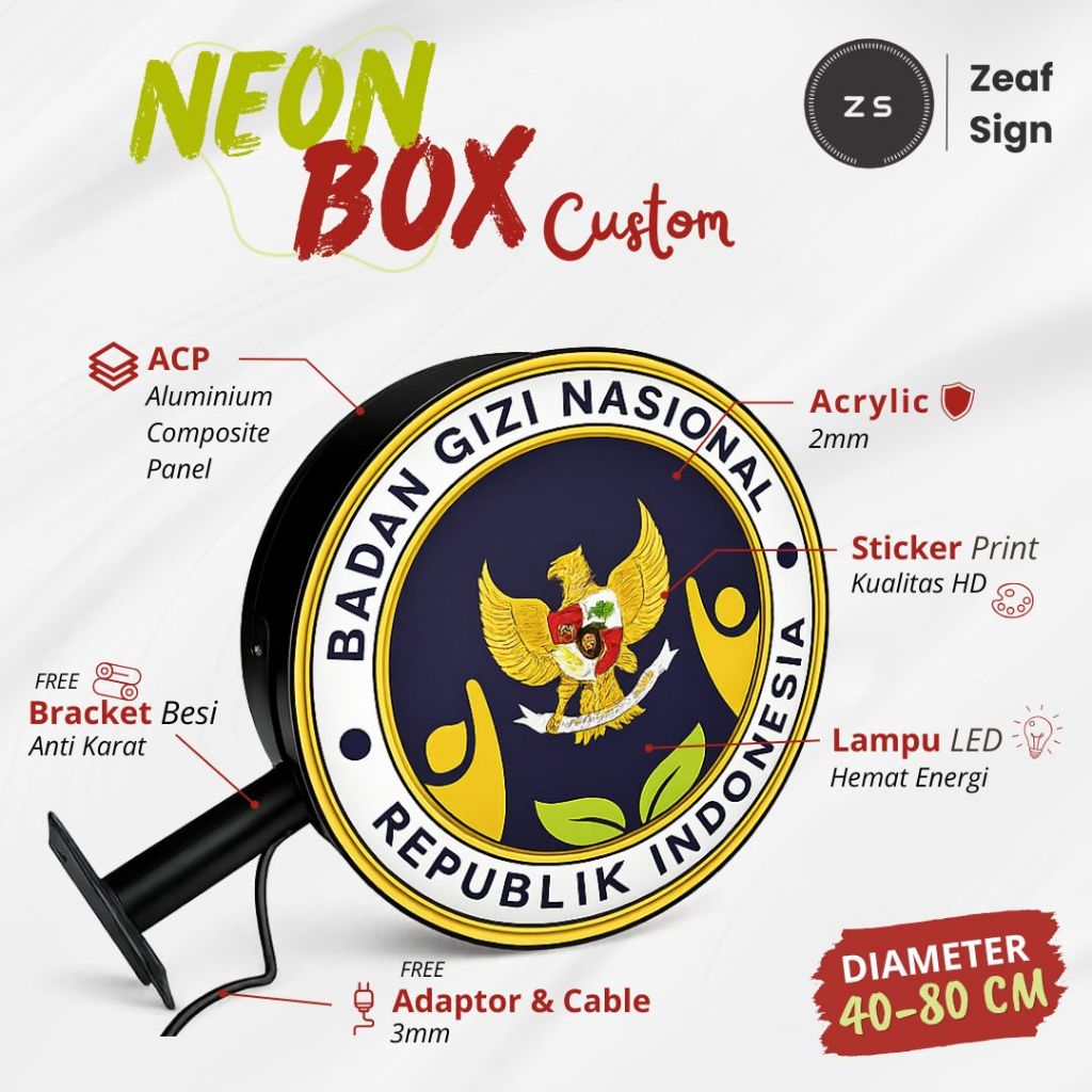 Neon Box Custom Bulat Premium LED Akrilik | Diameter 40 cm - 80 cm
