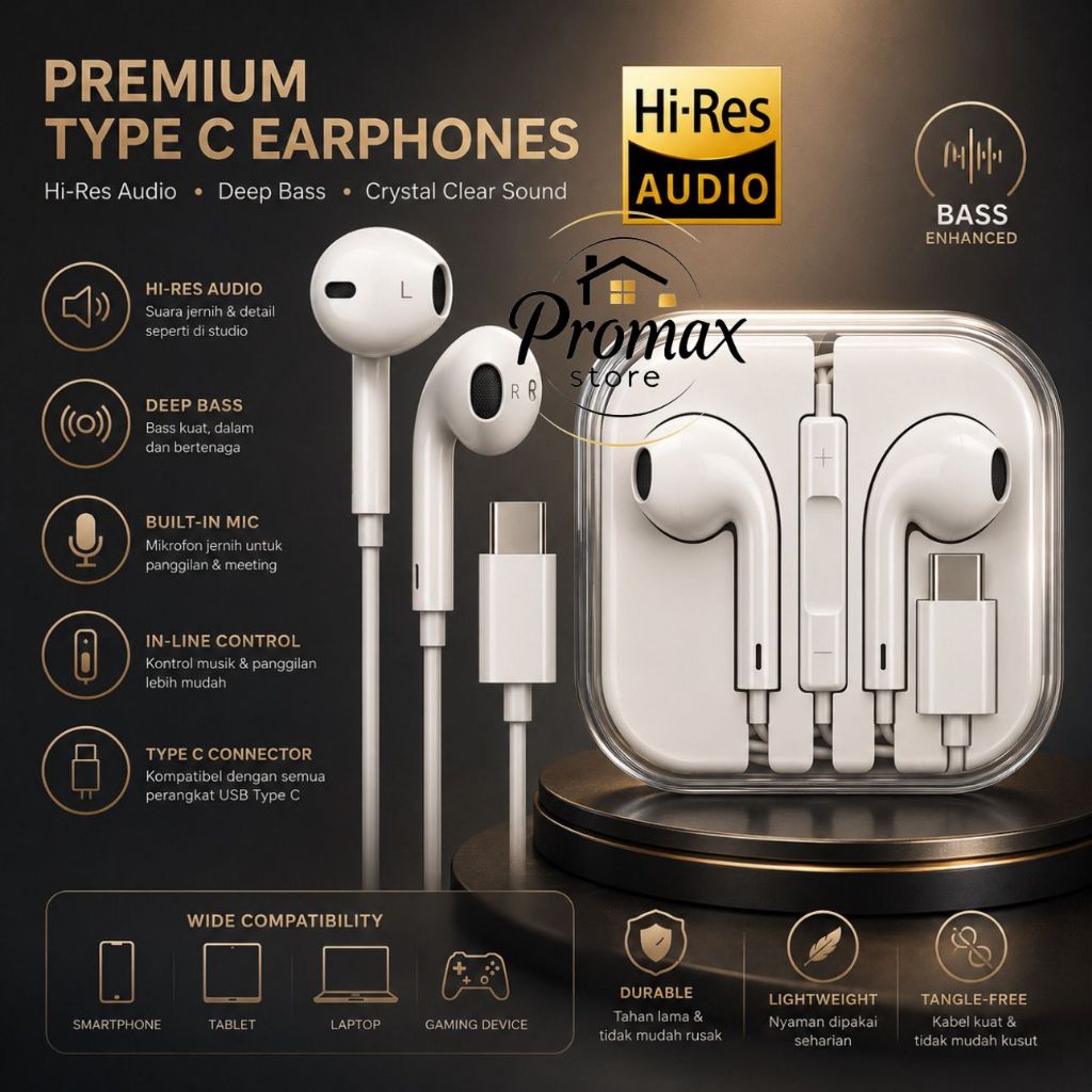 PM - Kingbass Headset Type-C Earphone Gaming Kompatibel Iphone 15/16/17 & Android