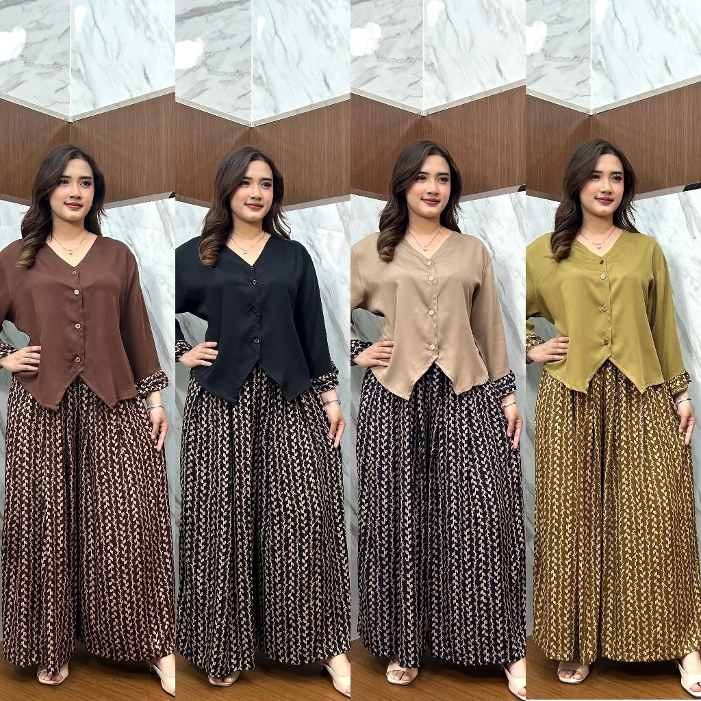 Andini One Set || Setelan Wanita Rayon Twill Polos || Oneset Kulot Kemeja Lengan Panjang