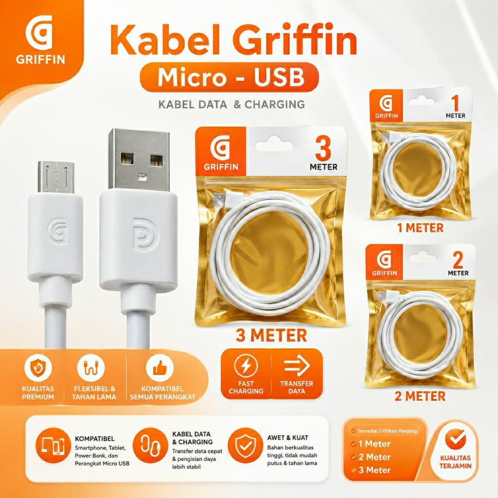 Kabel Data Griffin Micro USB 1Meter 2Meter  3Meter Fast Charging