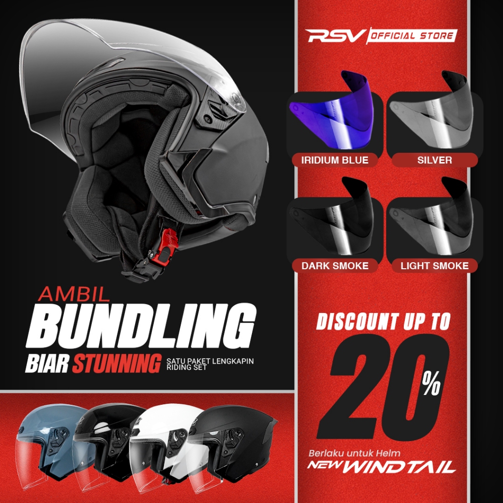 (Bundle) Helm RSV New Windtail Series + Extra Visor Warna (Smoke/Iridium) – Half Face Unisex RSV
