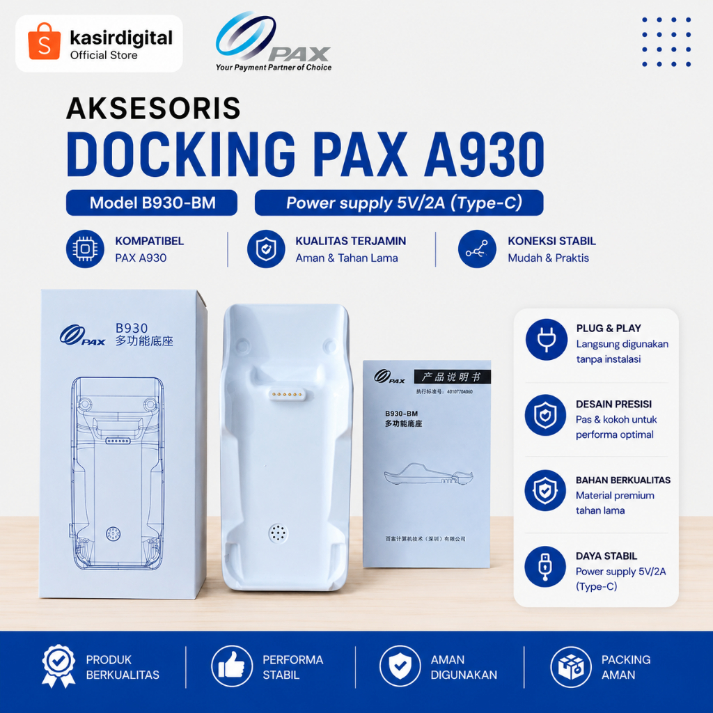 Docking Charger Base untuk Mesin EDC PAX A930