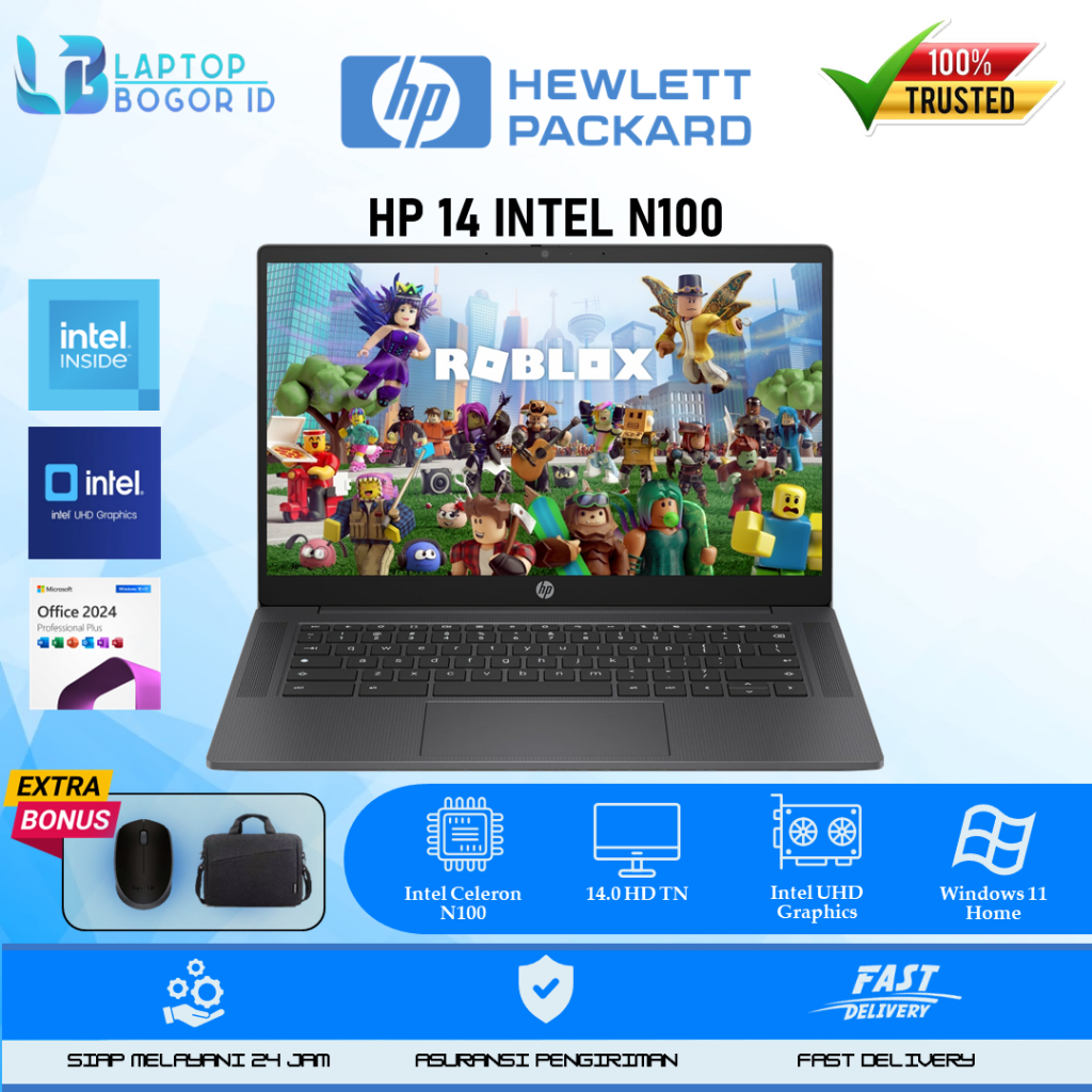 Laptop Baru HP 14 Intel Core N100 Ram 8GB 1TBGB 14.0" Inch HD Windows 11 Home + Office 2024