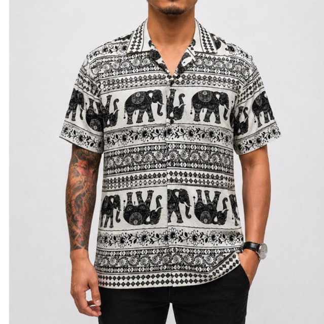 NRKY kemeja pria full print motif gajah lengan pendek pria dan wanita unisex