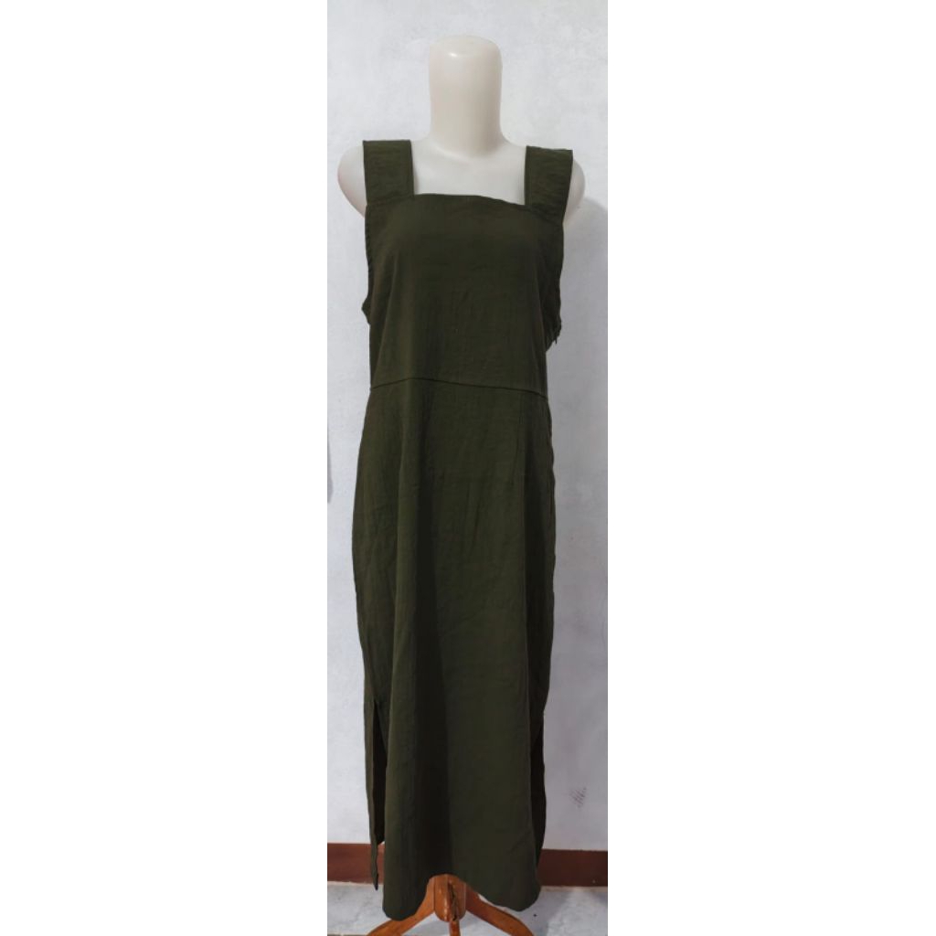 Dress Wanita Hijau Army Polos | Midi Dress Tali Casual